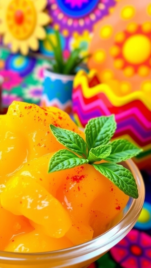 Spicy Sweet Chili Mango Sorbet Recipe Chili mango sorbet in a bowl, garnished with mint and chili powder, against a festive background.